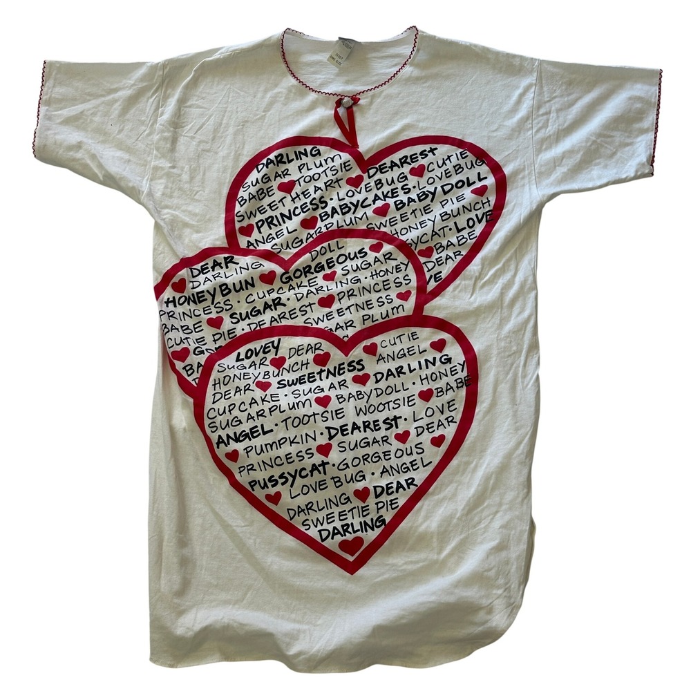 Vintage Jennifer Dale Hearts Nightgown One Size White Red Cotton Sleep Shirt USA